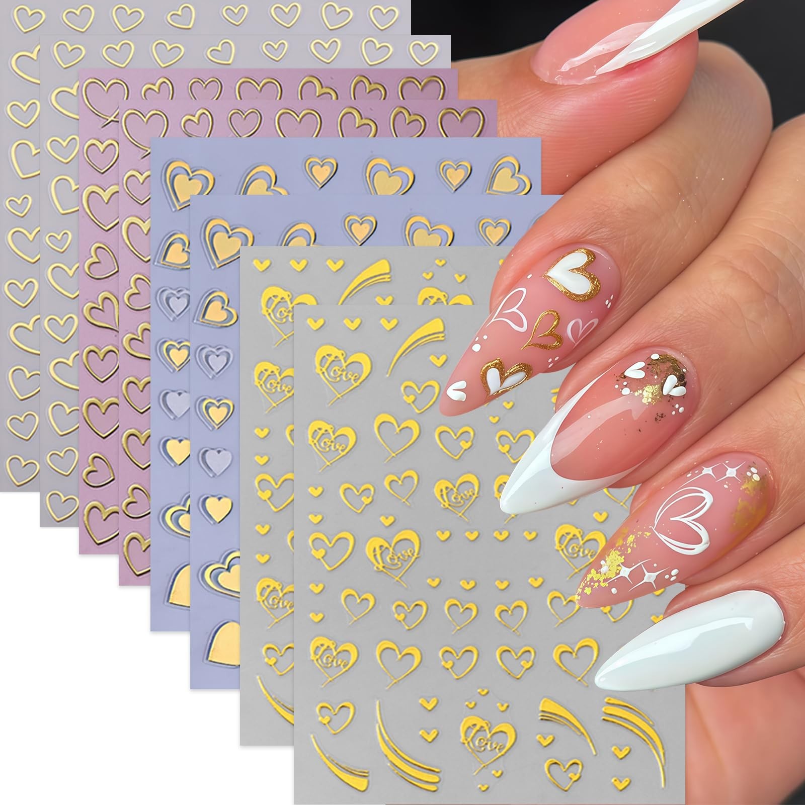 8Sheets Valentines Day Heart Nail Art Stickers Metallic Heart Nail Decals Min…