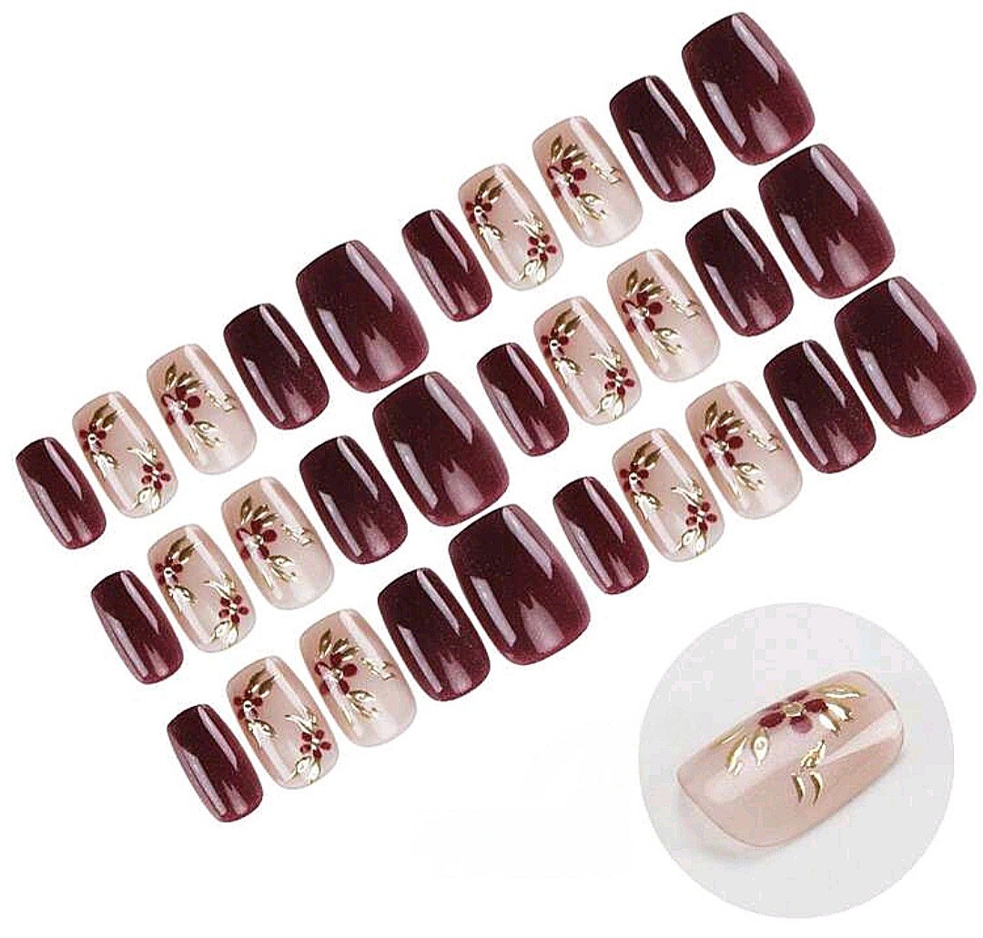 Press-On Nails Gothic Sheer Wine Glitter Cream Florals Smedium Shiny *30 pcs*