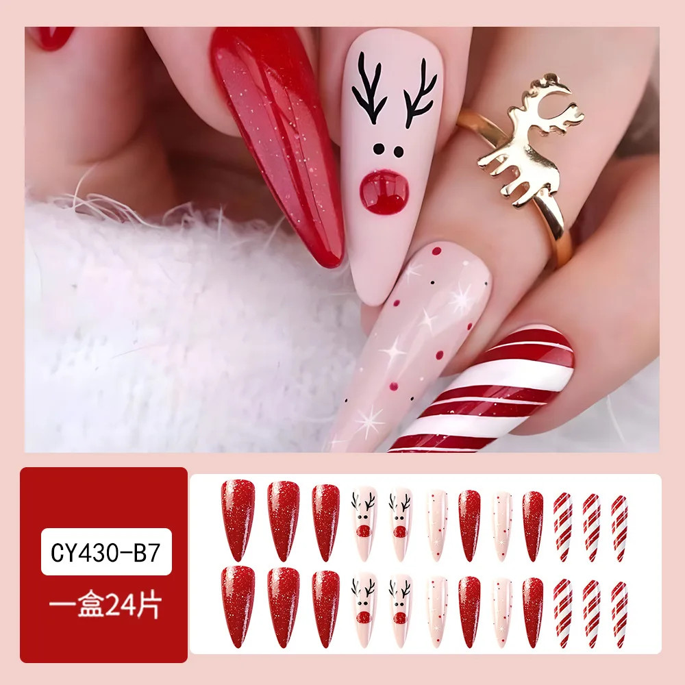 2026 Christmas Red Snow Deer Long Press On Nails