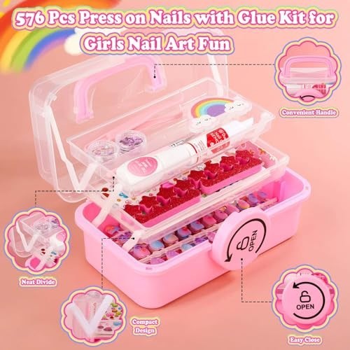 576 Pcs Kids Press-On Nail Art Kit with Glue & Storage Case, Cute Gift for Ages
