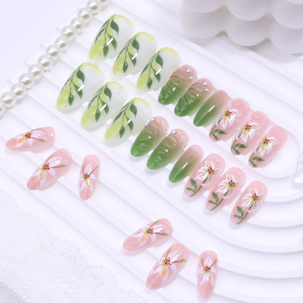 30Pcs Spring Summer Press on Nails Medium Almond Fake Nails with 3D Flower Leaf