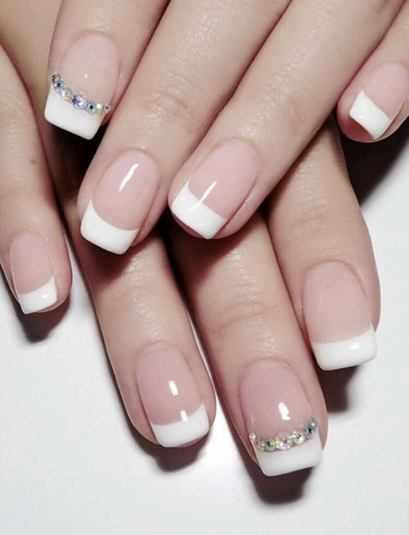French Tip Diamond SHORT Press On 24 Pieces Nail Tips Kit With Glue Wedding