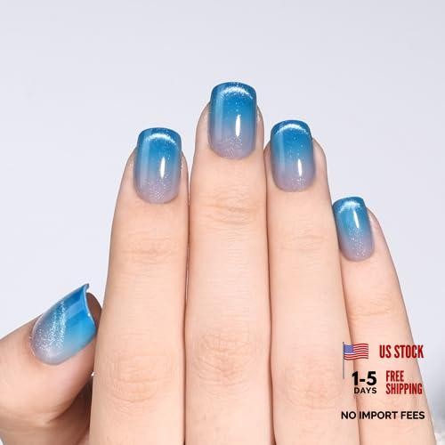 Blue Ombre Cat Eye Press On Nails – Short Square – Reusable – H4-Deep Sea Dusk
