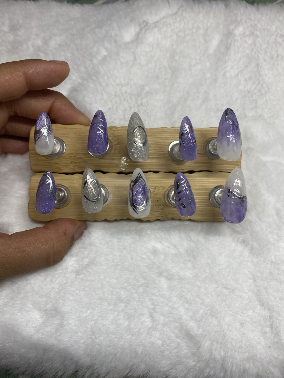 Handmade Long Almond Press-On Nails Purple Silver White Glitter Abstract Set