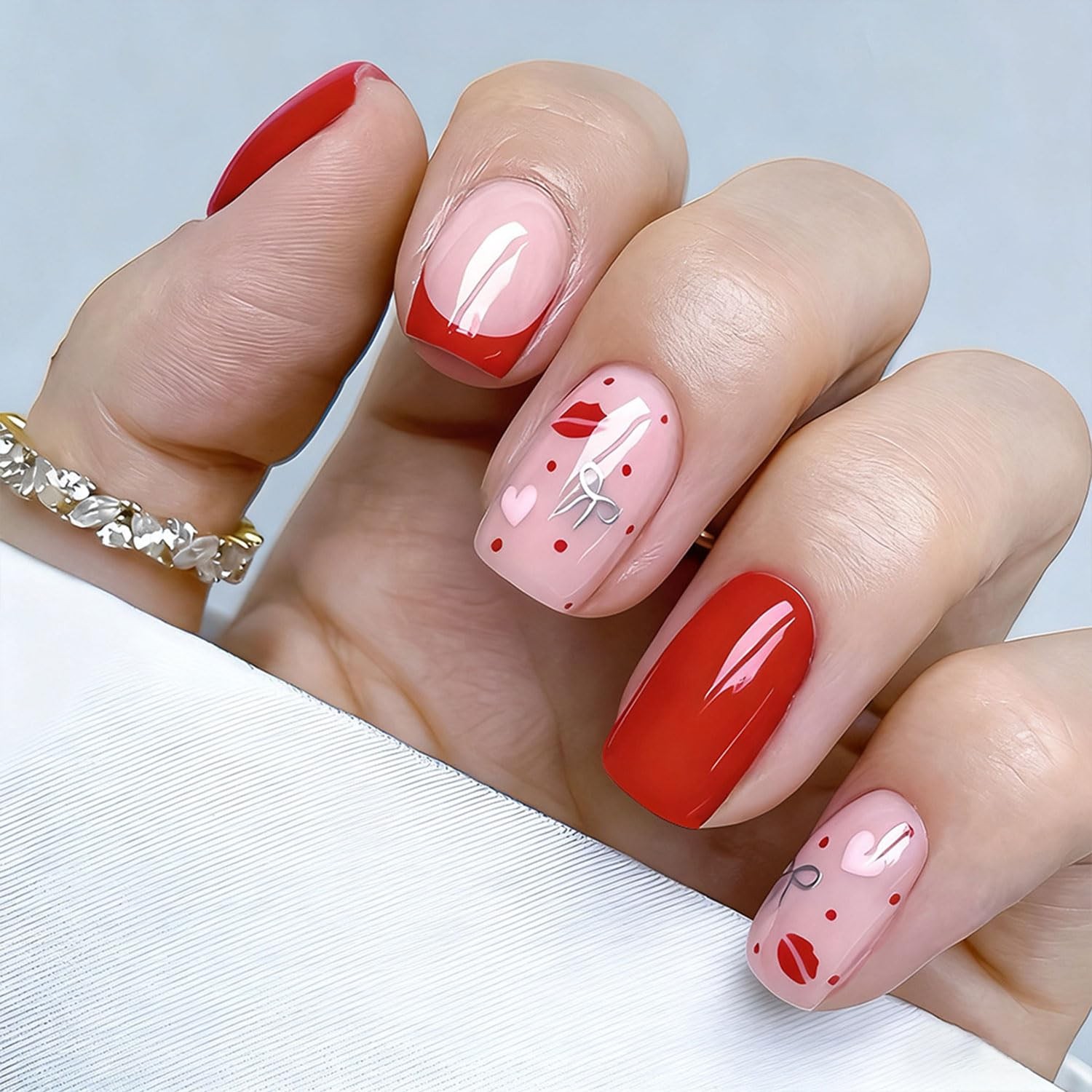 Valentines Press on Nails Short Square Fake Nails French Tip Nails Press Ons …