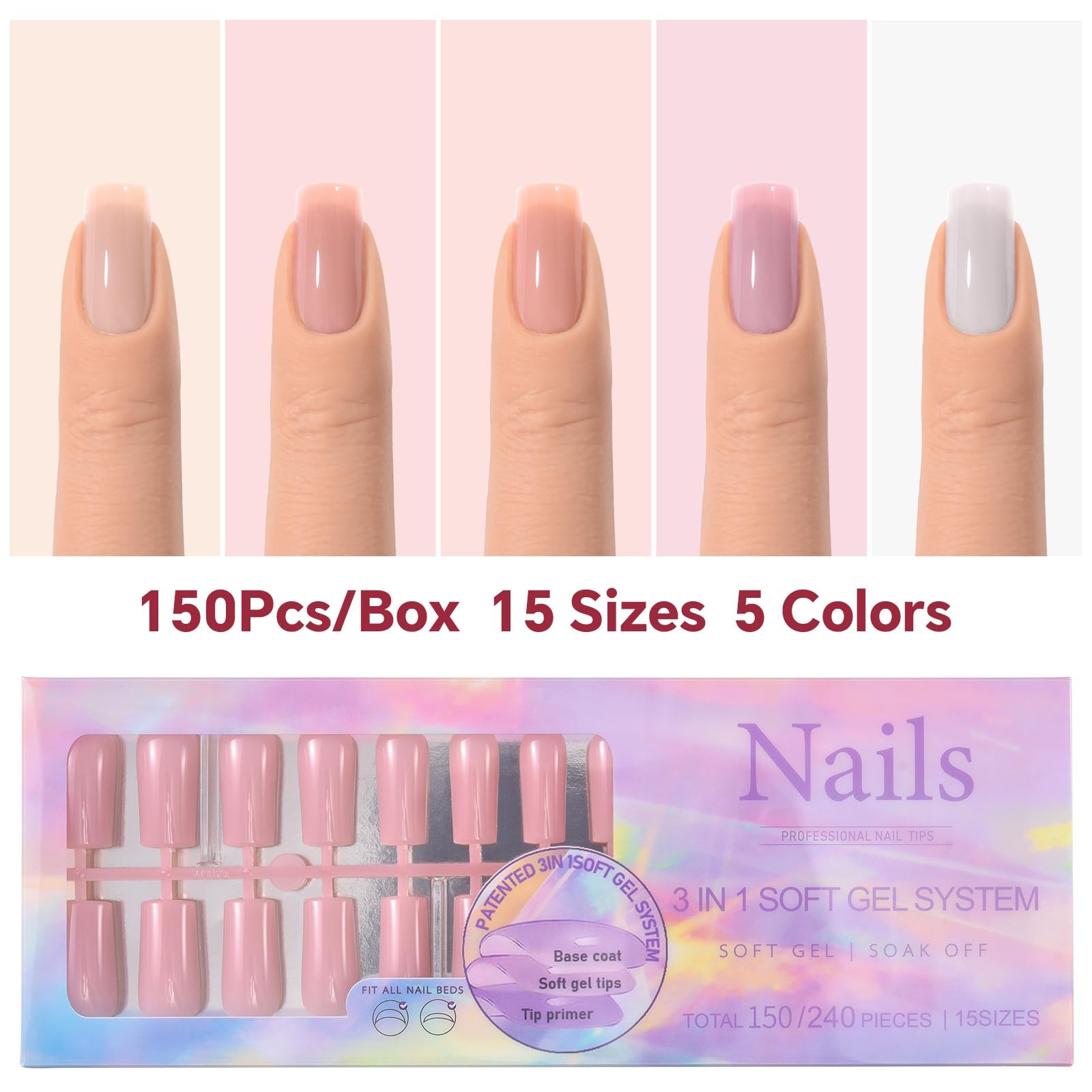 150Pcs Press on Nails French Tip Gel Nails Skin Color Fake Nail Tips Soft Gel…