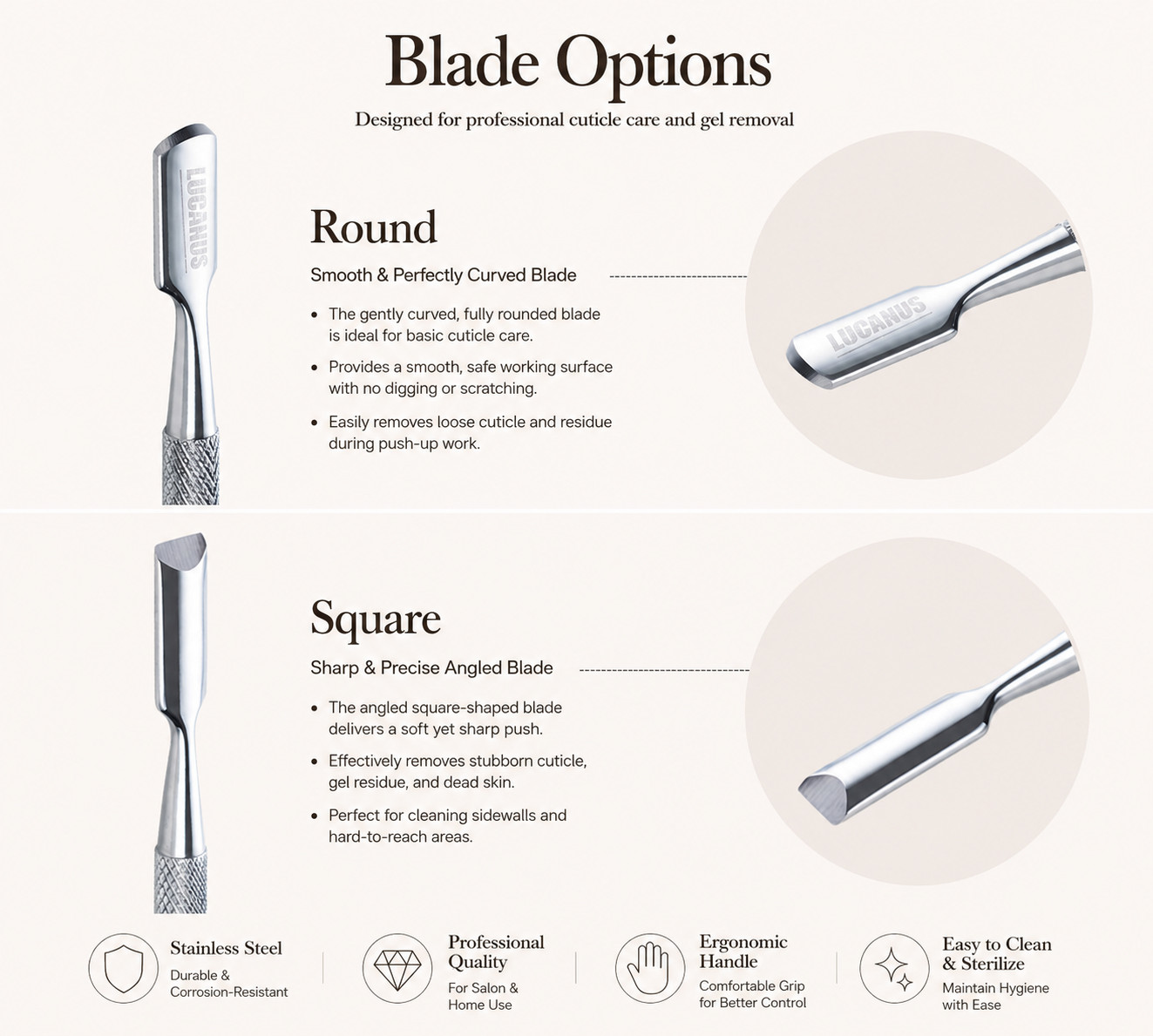 LUCANUS Metal Cuticle Pusher Double Ended Stainless Steel Nail Care Tool K-Beaut