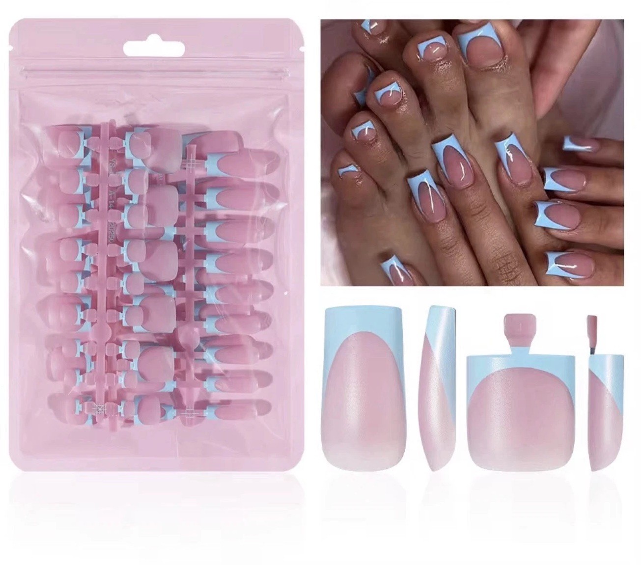 60PCS French Style Pink White Blue Full Cover Square Artificial Nail Tips Set