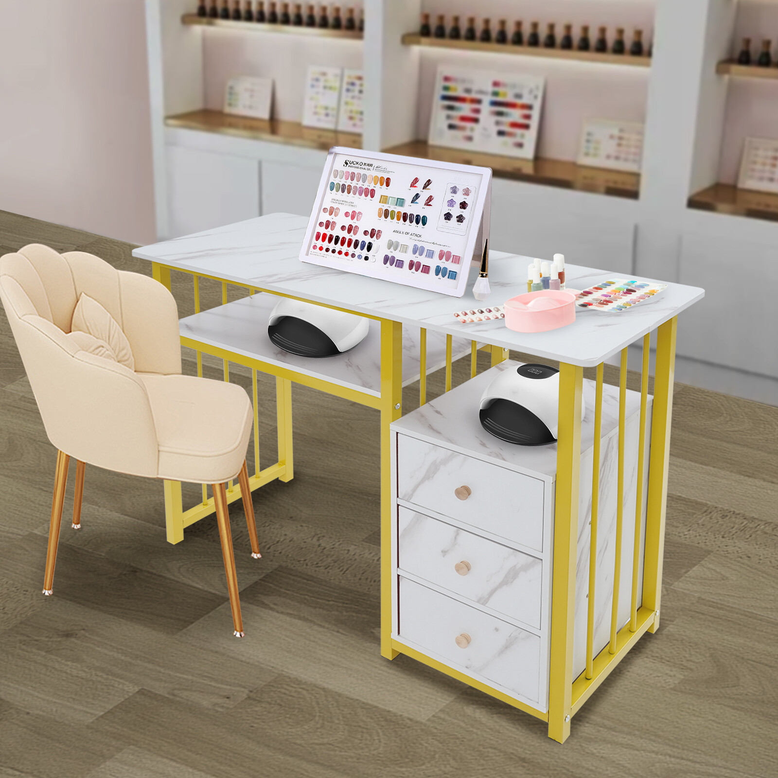 Marbling Texture Nail Desk Manicure Table Station Manicure Desk with 3 Drawers