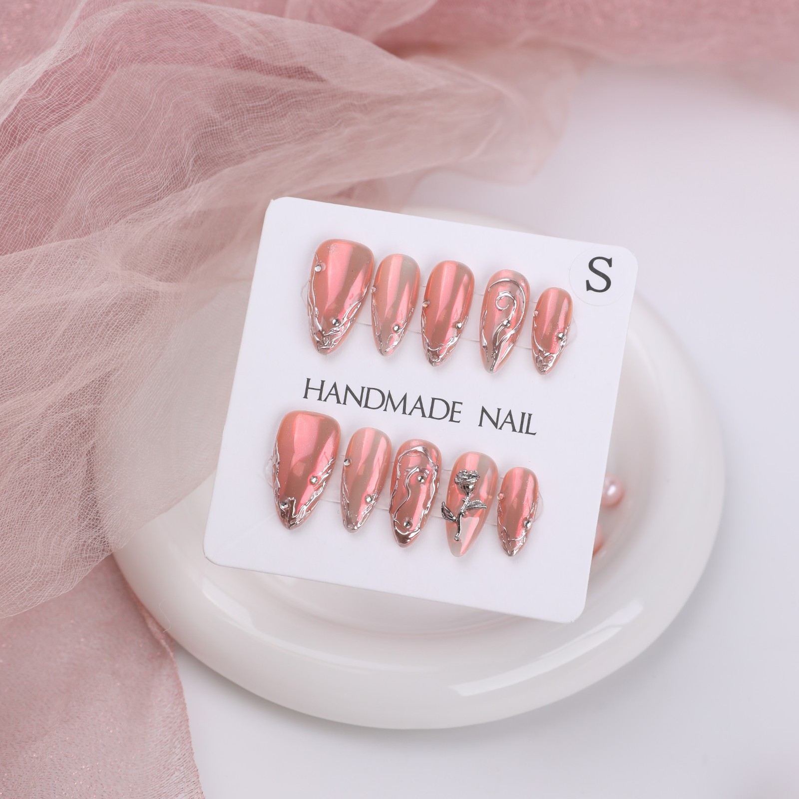 Handmade Chrome Pink Press On Nails Medium Almond 3D Metal Rose Y2K Punk Glam