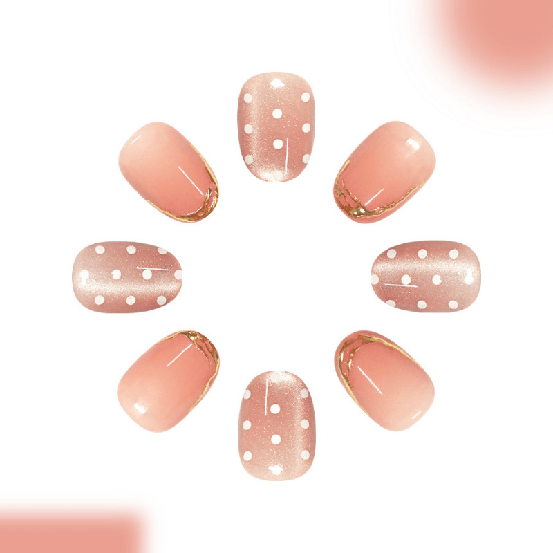 48Pcs-Short Almond Nude Pink Gold Trim White Polka Dot Elegant Press on Nails