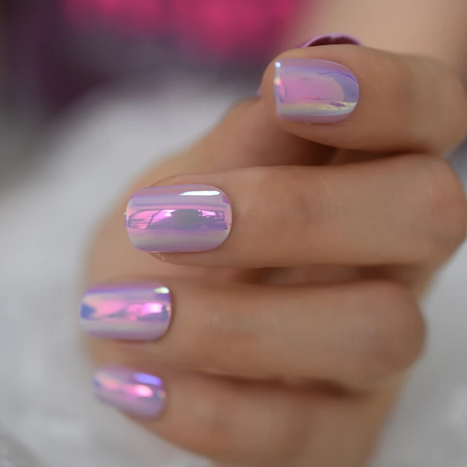 24 Short Press on Nails kit w glue Pink Purple Holographic chrome chameleon
