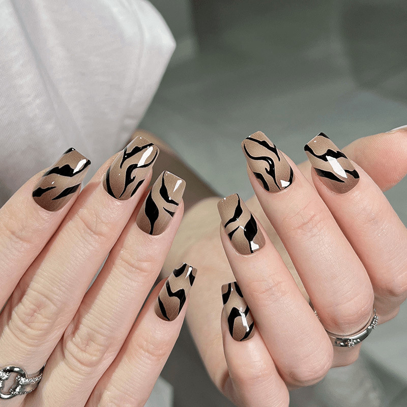 60pcs Short Square Press on Nails, Brown Base Black Tiger Stripe Swirl Nails