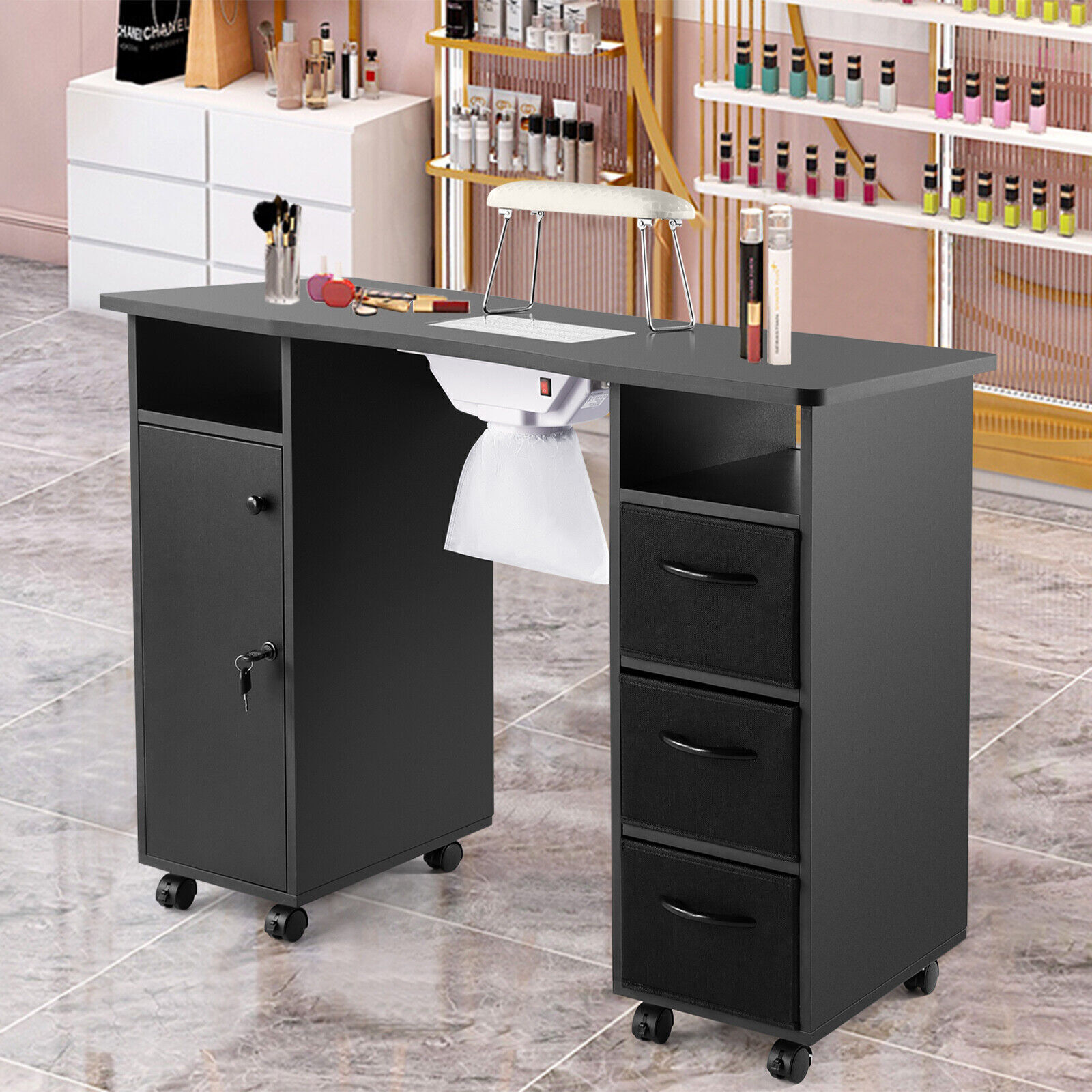 Pro Manicure Table Nail Desk Beauty Salon Dust Collector Drawers+Wheel+Wrist P6J