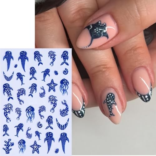 Summer Ocean Life Nail Art Sticker Decal 2Pcs 5D French Blue Polka Dot Fish