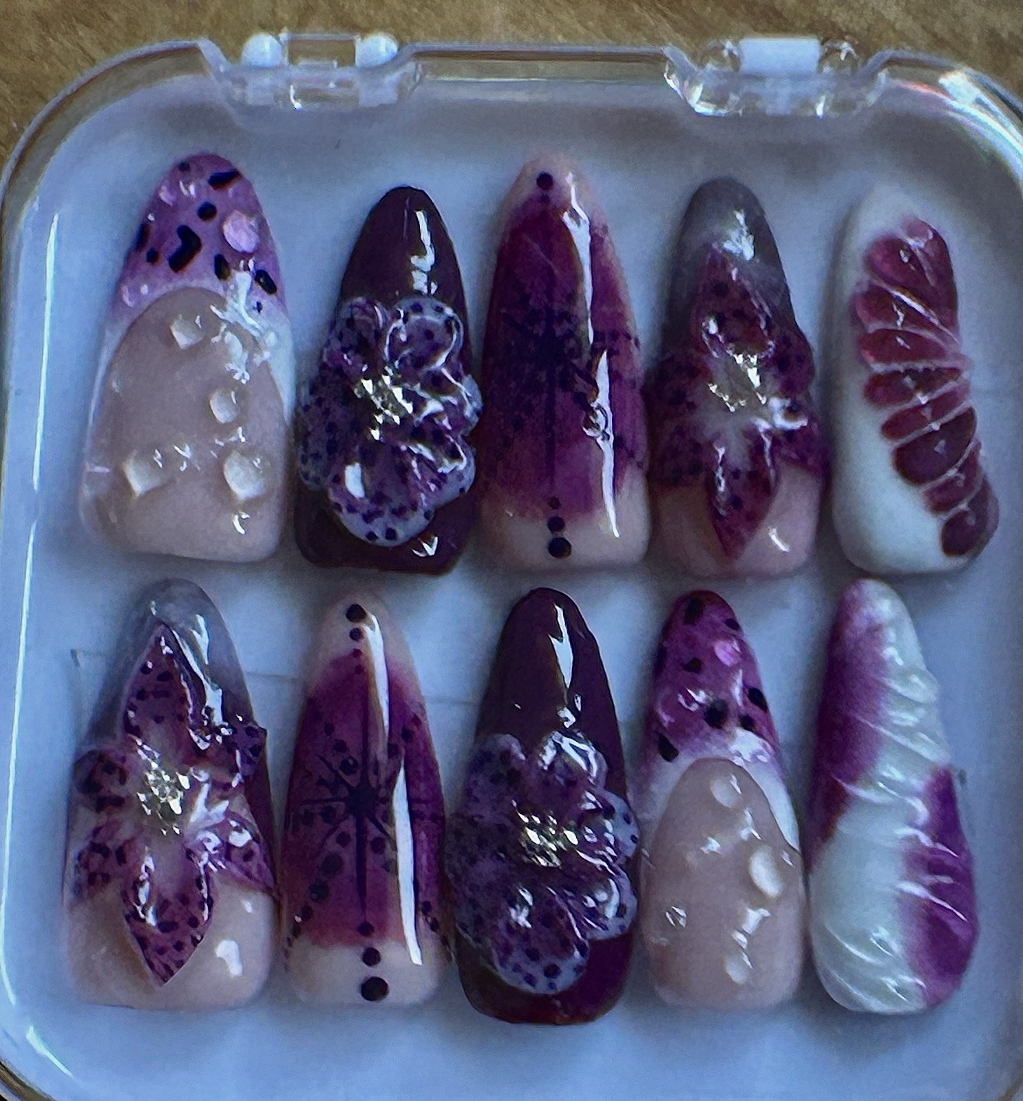 Long Almond Press-On Nails Pink Purple White 3D Flower Pre-Designed Full