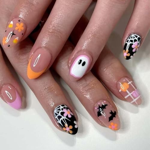 Halloween Press on Nails Short Almond Fake Nails Spooky and Style-A Style-6