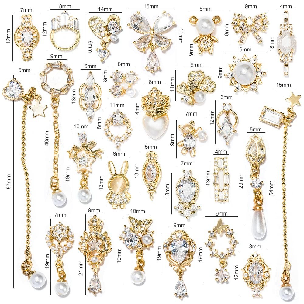 30Pcs 3D Nail Art Charms – Crystal Pearl, Zircon Dangle Rhinestones, Nail Gems &