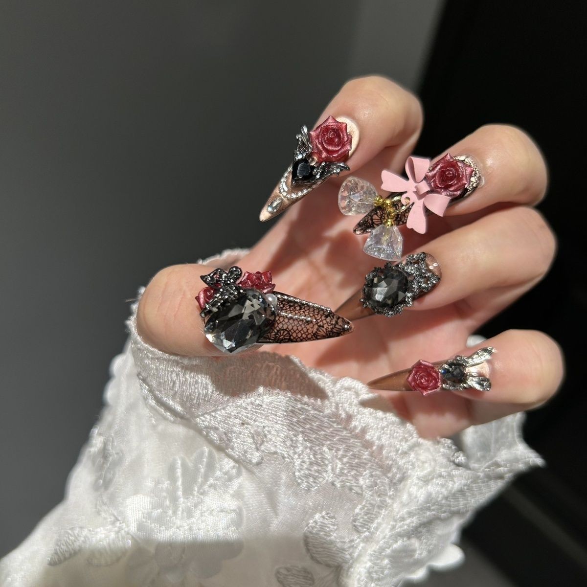 Gothic Cat Eye Rose Press On Nails Dark Handmade Detachable Design
