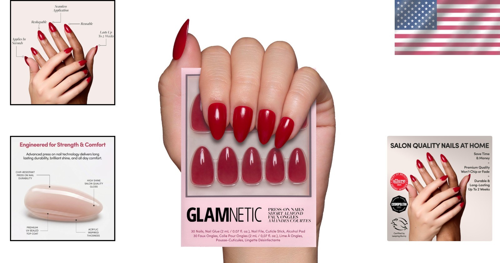 All-In-One Short Almond Red Press On Nails Kit – 30 Pc, Glue Included, Reusable