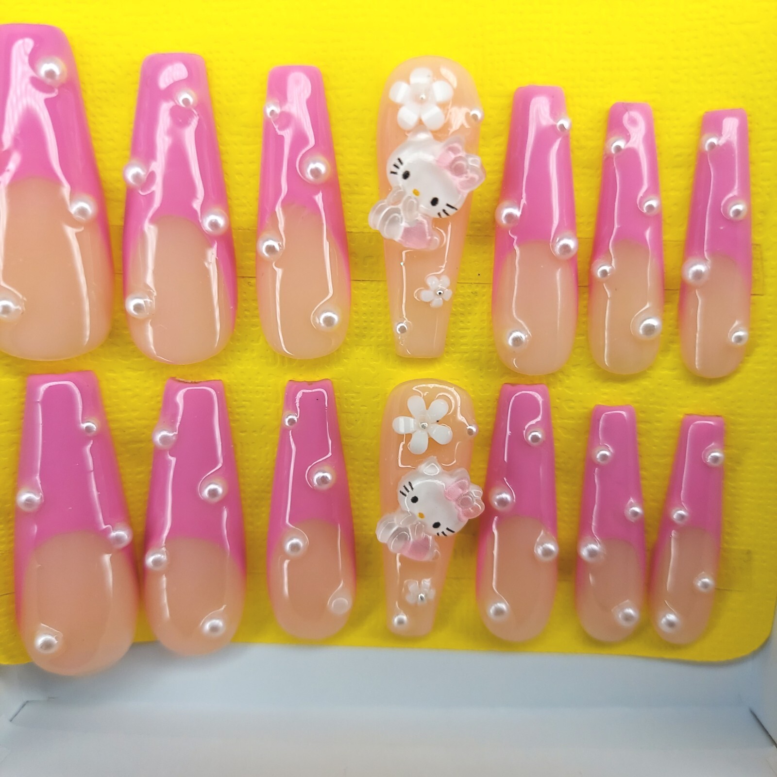 Kawaii Pink Hello Kitty Nails Pink French Nails Pearl Nails Pink Cat Nails