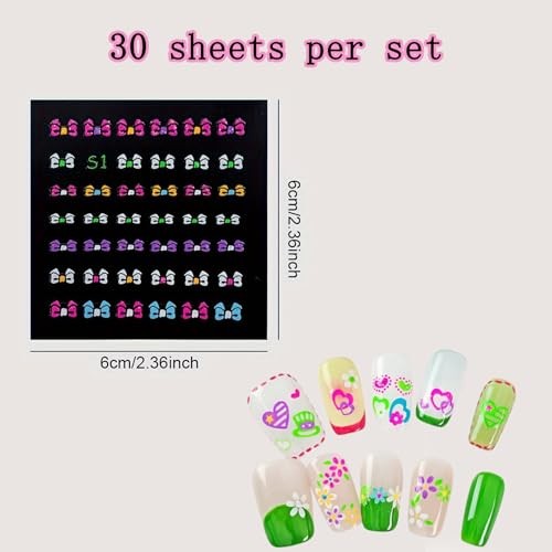 30 Sheets Fluorescent Daisy Nail Art Sticker 3D Colorful Fruit Self- Red Heart