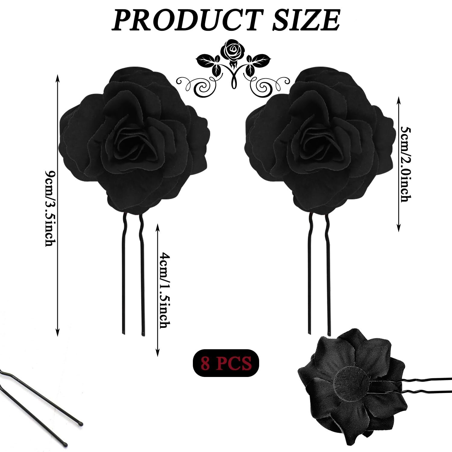 8 PCS Black Rose Flower Hair Clips U Shape Floral Bobby