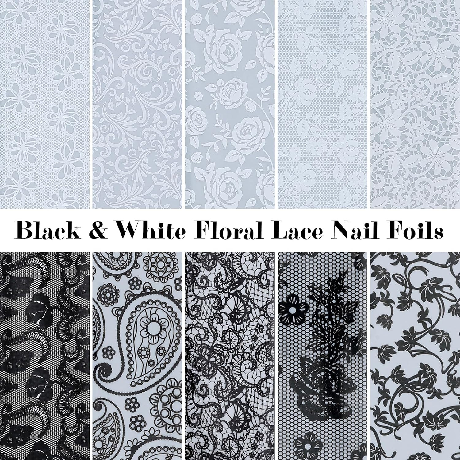 Lace Nail Foil Transfer Sheets, 10 Rolls Black White Flower Nail Art Transfer Fo