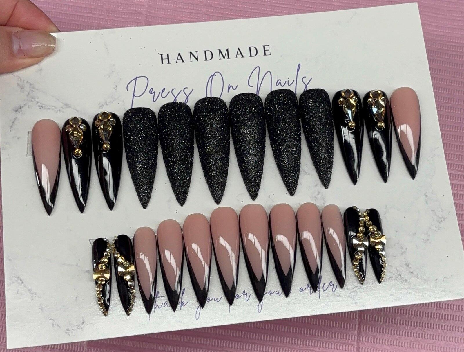 Extra long stiletto press on nails black deep v French tip rhinestones glitter