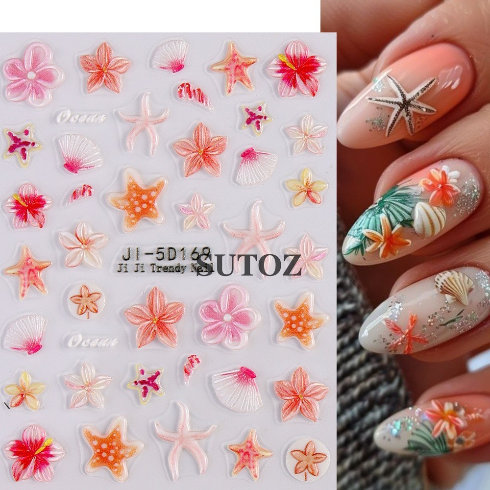 Summer 5D Embossed Ocean Nail Art Stickers Flower Starfish Seashell Coconut NH29