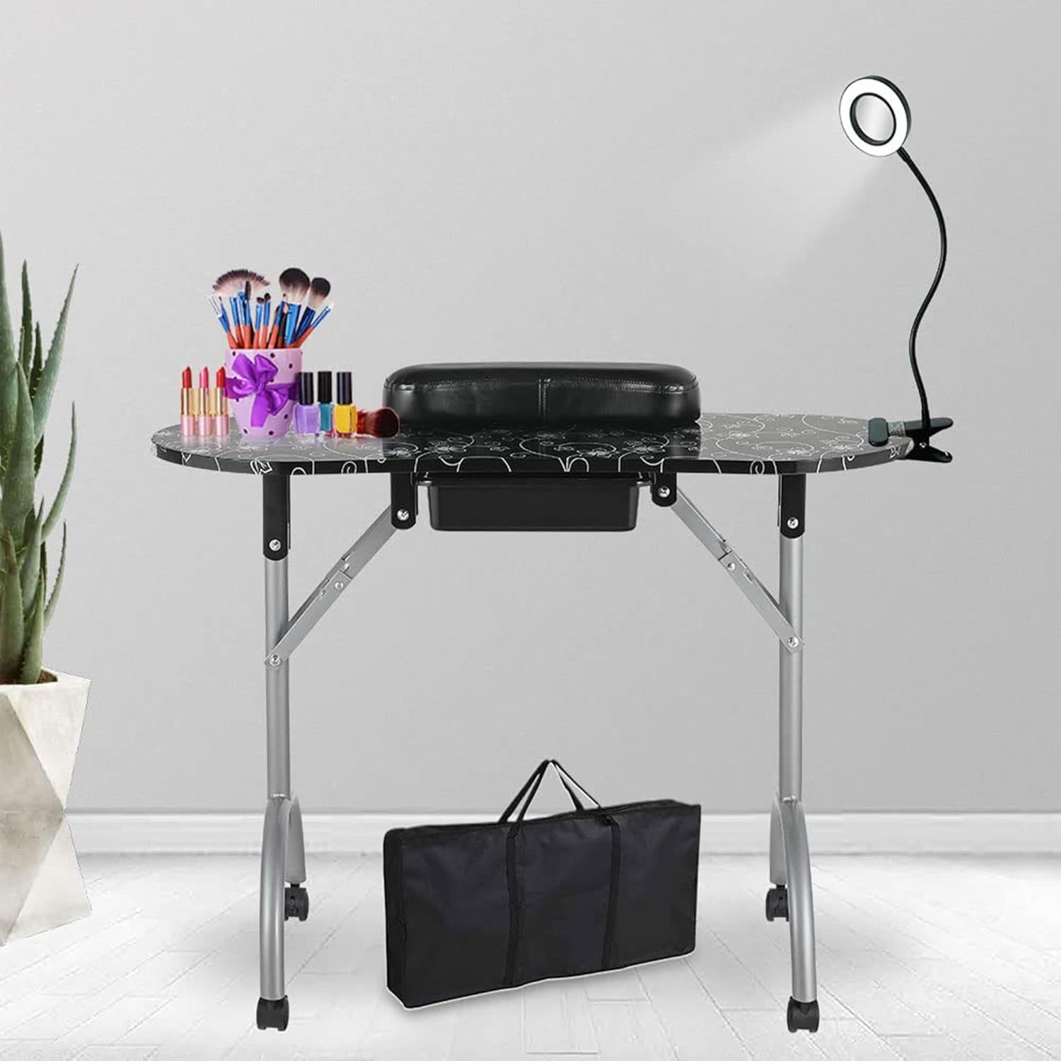 Professional Black Manicure Table 36”L with USB LED Light & Comfort Sponge Pad