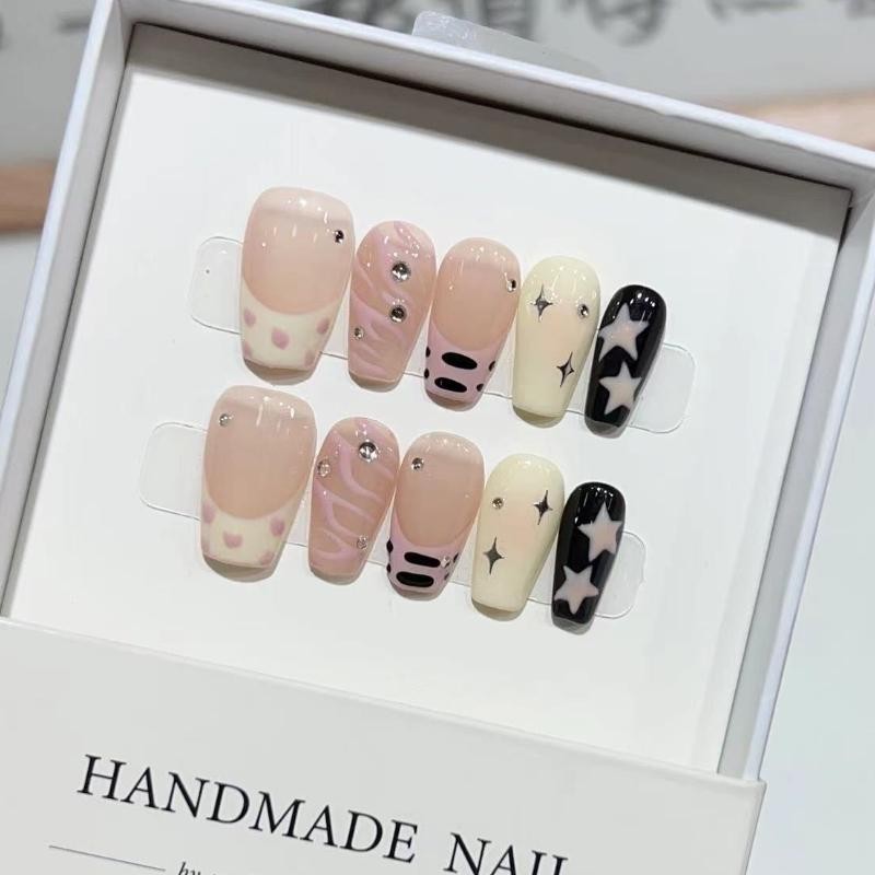 10pcs Cute Medium French Ballet Nails Cartoon Graffiti Pentacle Stripes Handmade