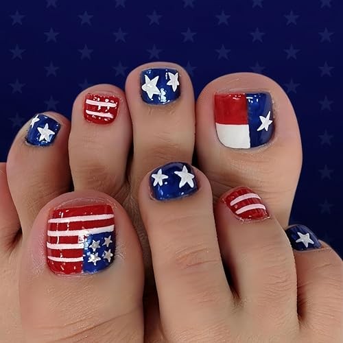 24Pcs 4th of July Press on Toenails American Flag Fake Five-Pointed Star