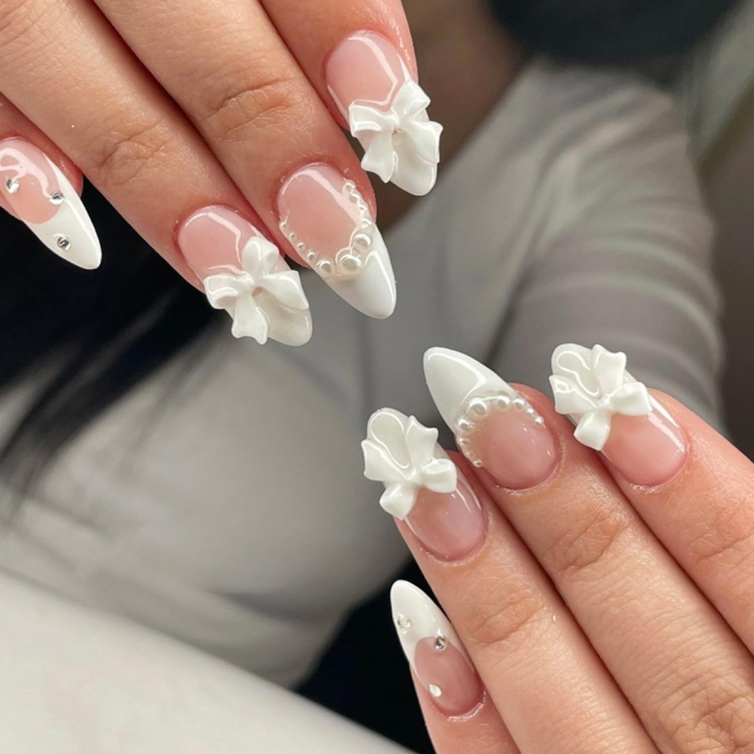 30Pcs Spring Summer Press on Nails Medium Almond Fake Nails with 3D Flower Leaf