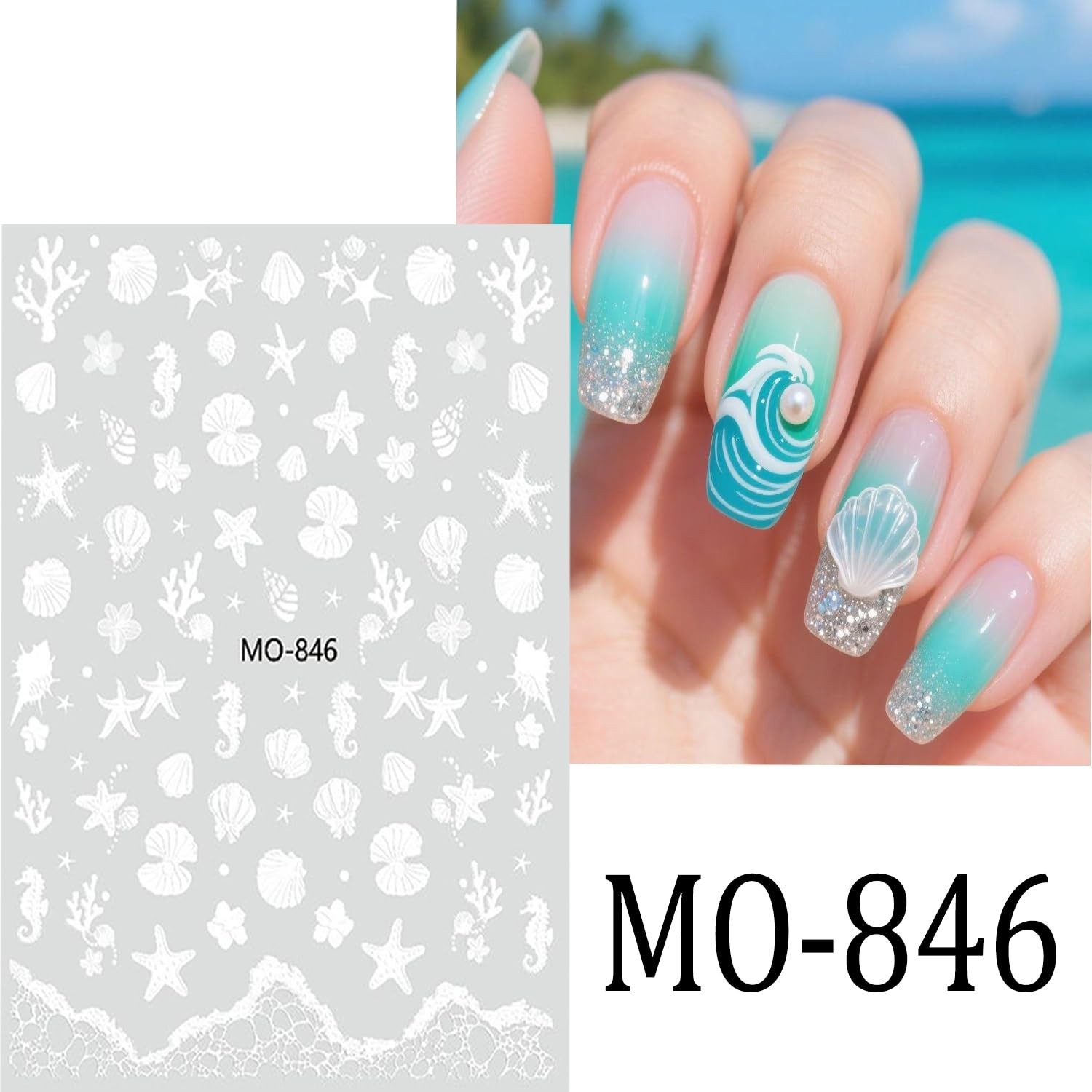 Holographic Ocean Nail Art Stickers – 6 Sheets Self-Adhesive Sea Star Shell C…