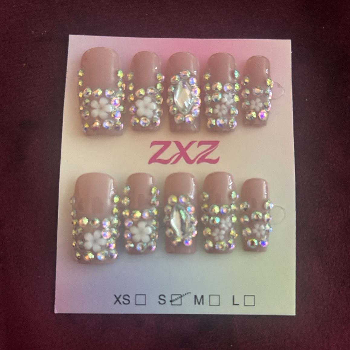 ZXZ Press-On Nails Set Beige 3D Flower Rhinestones Medium Square Acrylic