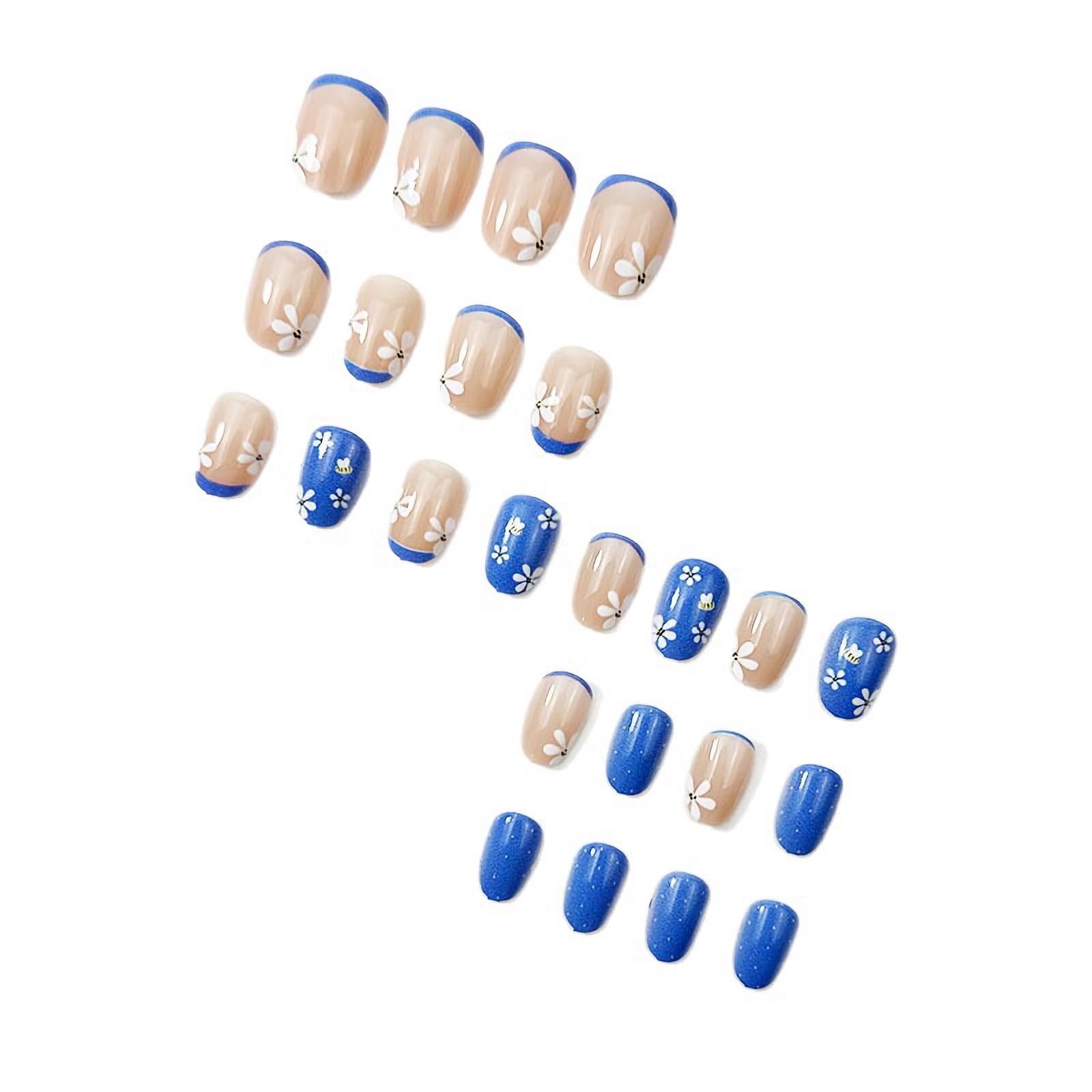 Short Oval Press on Nails – Blue French Tip Fake Acrylic Nail Round, Daisy Fl…