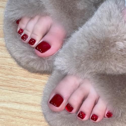 24 Pcs Wine Red Press on Toenails for Women – Square Fake Toe Nails Press ons