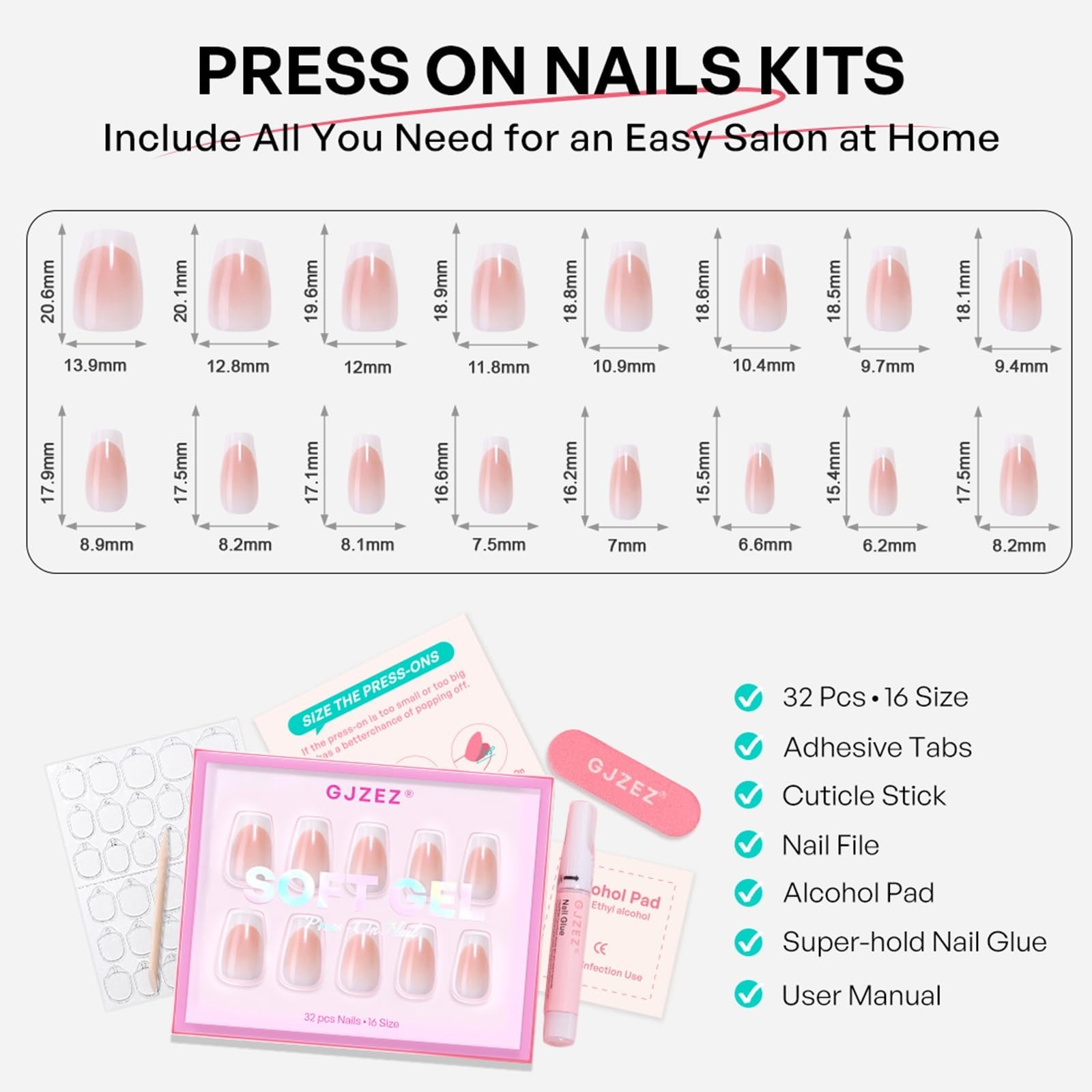 Milky White French Tip Press-On Nails – Soft Gel Ballerina Ombre, 32 Pcs, Reusab