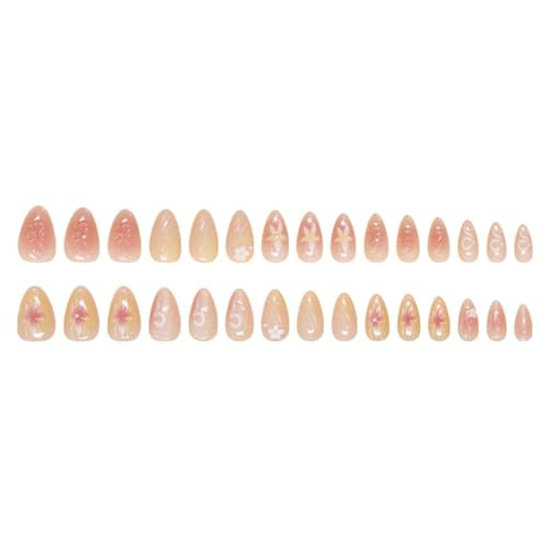 Flower Press on Nails Medium Almond Fake Nails Pink False Nails Flower Style32