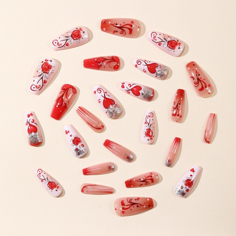 48PCS Bare White Ballet Gradient Red Heart Reusable Nail Art