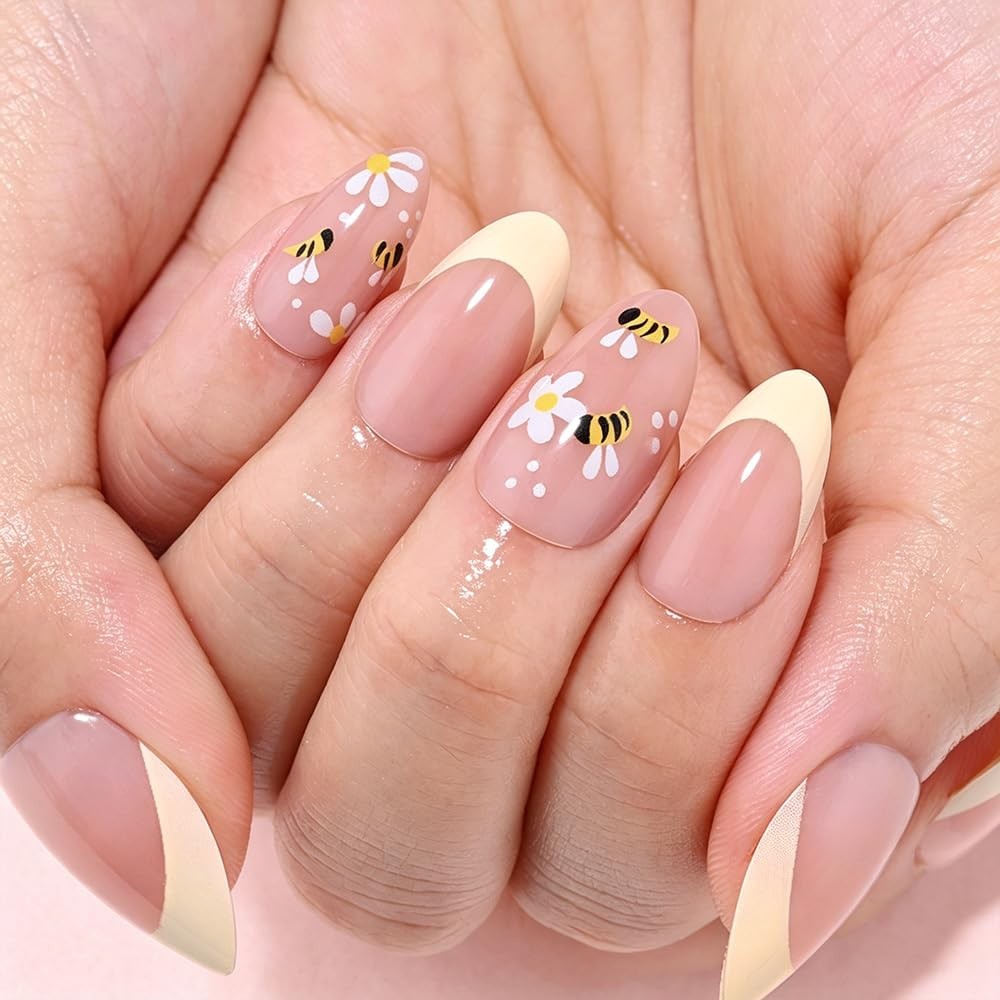 evpct Pale Nude Press on Nails Short Almond with Flower Bee Design, French Ye…