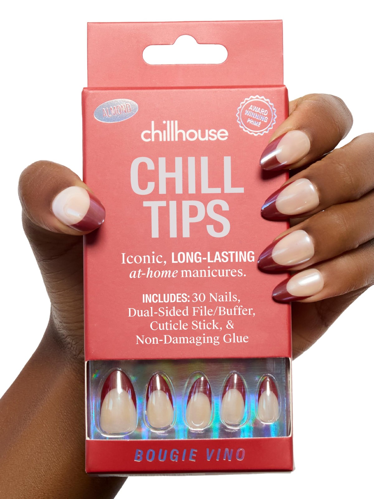 – Chill Tips, French Tip Press On Nails Kit – Bougie Vino (Almond) – 30 Nail …