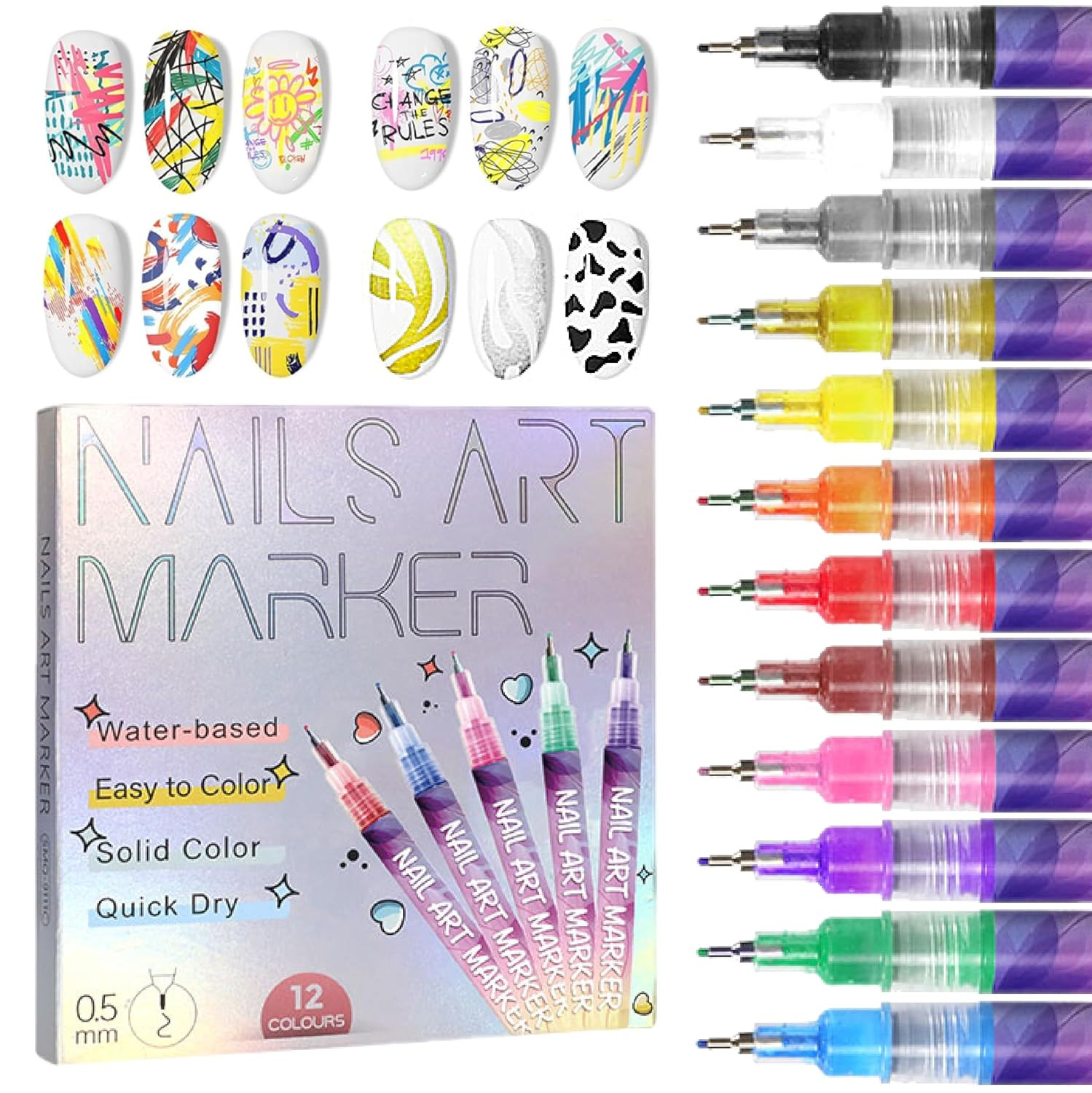 12 Colors Nail Art Pens Set, 3D Nail Polish Pens, Nail Art Markers for Gel Nails
