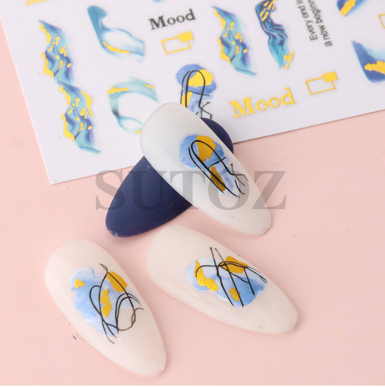 Gold Edge 3D Self Adhesive Nail Art French Lines Marbles Hearts Eyes Design NS43