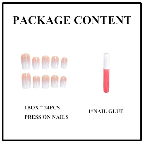 Square Press on Nails Medium, White Ombre French Tip Fake Nails 9113White