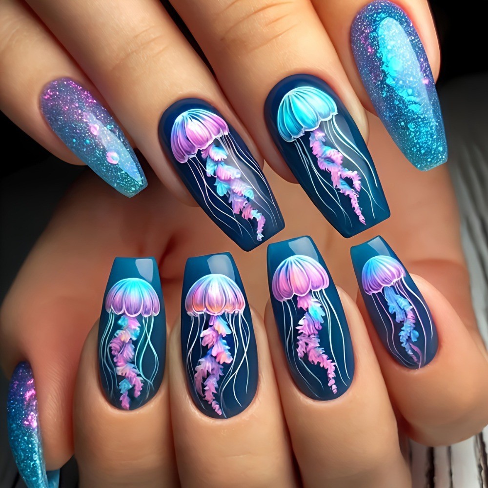 24pcs Ocean Press-On Nails: Coral, Jellyfish Mermaid Designs.Reusable Salon Art.