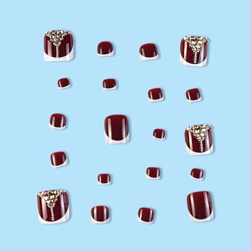 Red Press on Toenails French Tip Fake Toenail Rhinestone False Nail Style-18
