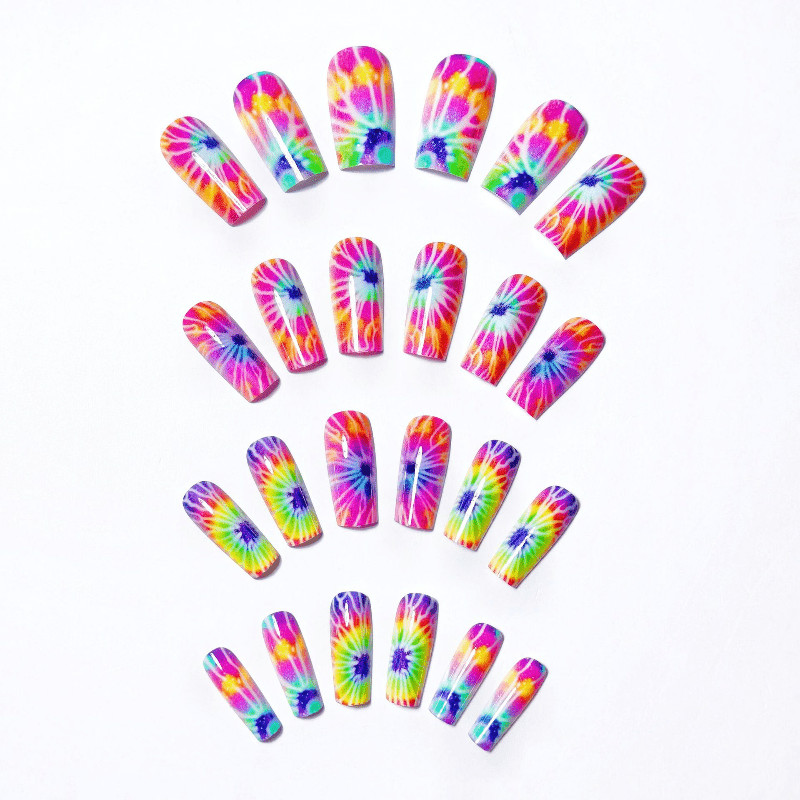 48P Medium Coffin Press on Nails, Rainbow Tie Dye Swirl Colorful Fake Nails