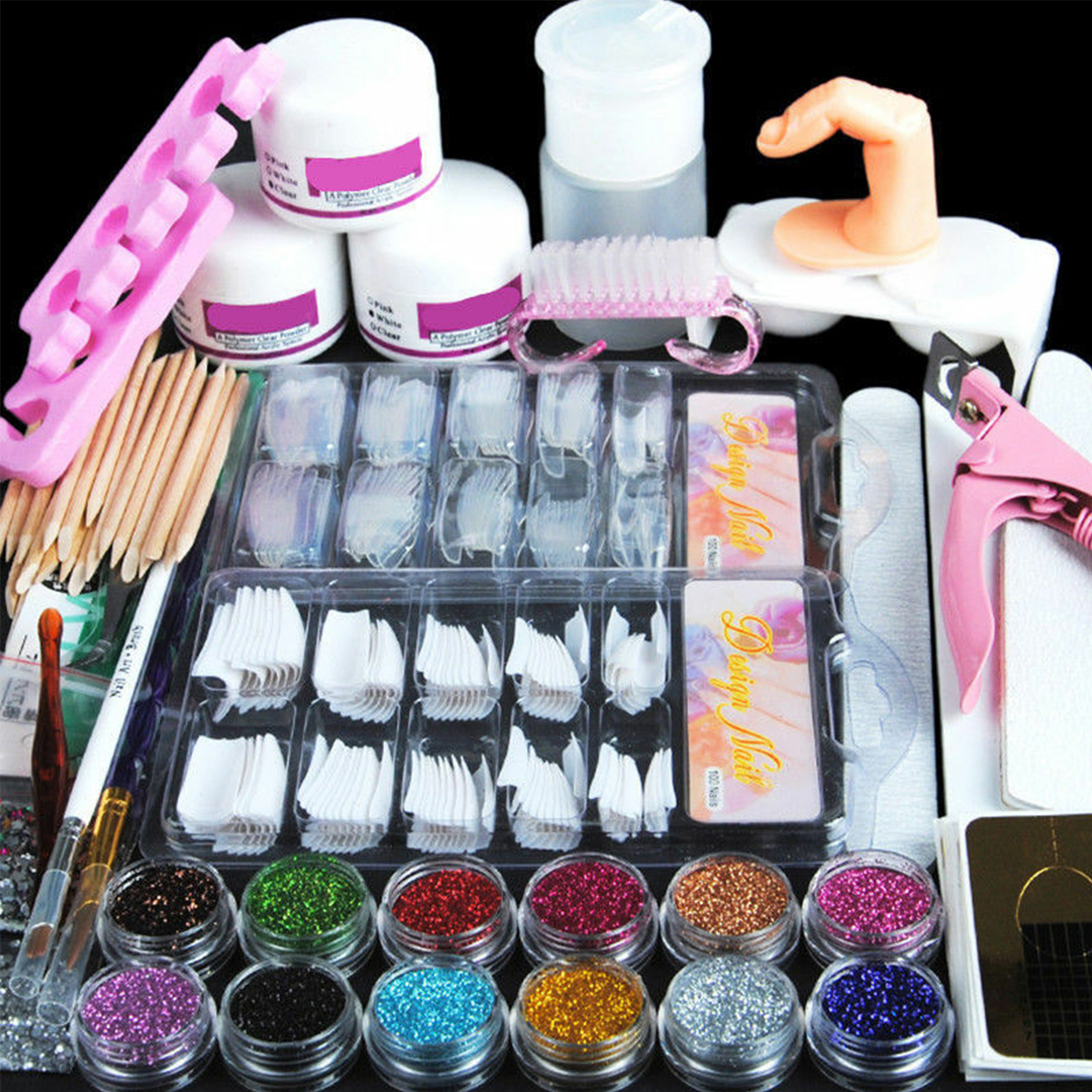 Nail Art Kit Acrylic Powder Glitter, Liquid Brush Clipper Primer DIY Nail Tools